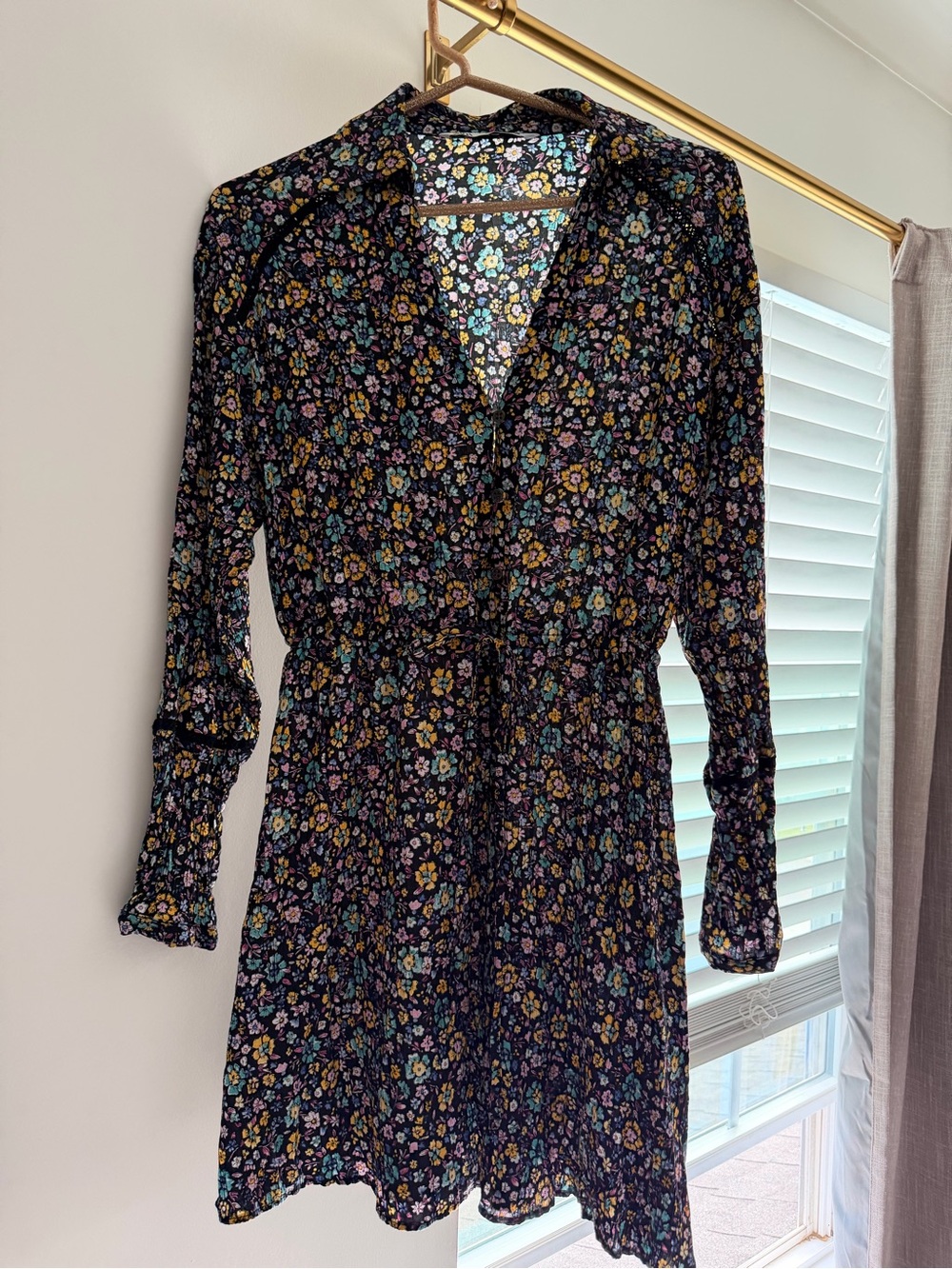 Zara Floral Long-Sleeve Black Mini Dress